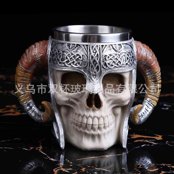 

creative skeleton knight resin double sheep horn stainless steel drinking cup office cup