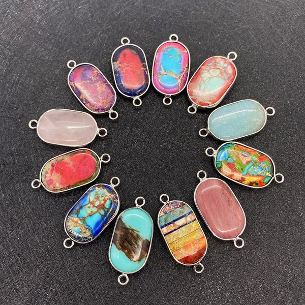 

charms natural semi-precious stone pendant oval multicolor double hole support used for diy making necklace jewelry accessories, Bronze;silver
