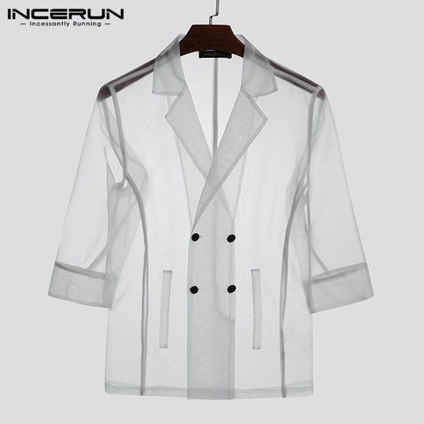 

men's casual shirts incerun fashion men shirt 3/4 sleeve lapel 2021 double breasted summer see through transparent party nightclub men, White;black