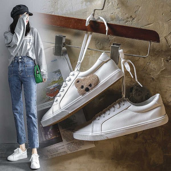 

ins fashion bear canvas shoes women 2021 designer korean flat bottom student white women's casual board 8557training sneakers