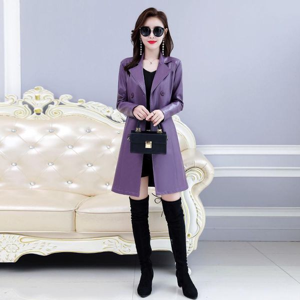

women's leather & faux 2021 autumn winter women korean double breasted jacket outerwear casual slim mid-long pu coat a164, Black