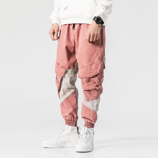 

Men's Jeans High Street Fashion Pink Color Big Pocket Cargo Pants Spliced Hip Hop Jogger Loose Fit Tapered 77HM, Blue