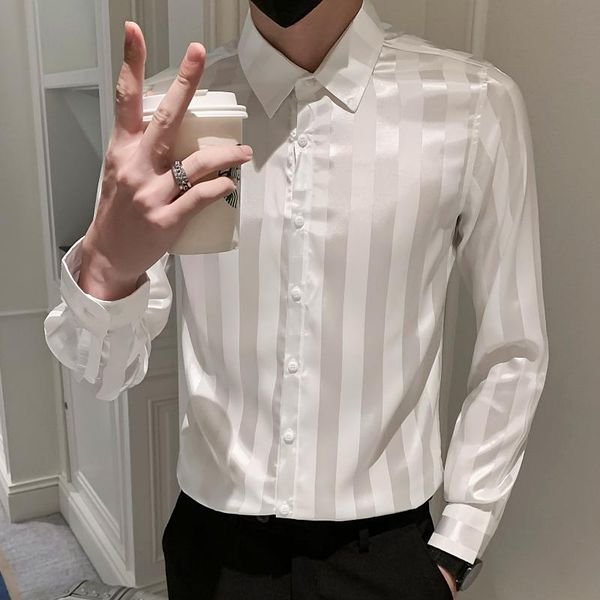 

men's casual shirts luxury men flower shirt striped print korean slim fit social camisa long sleeve night club mens button, White;black