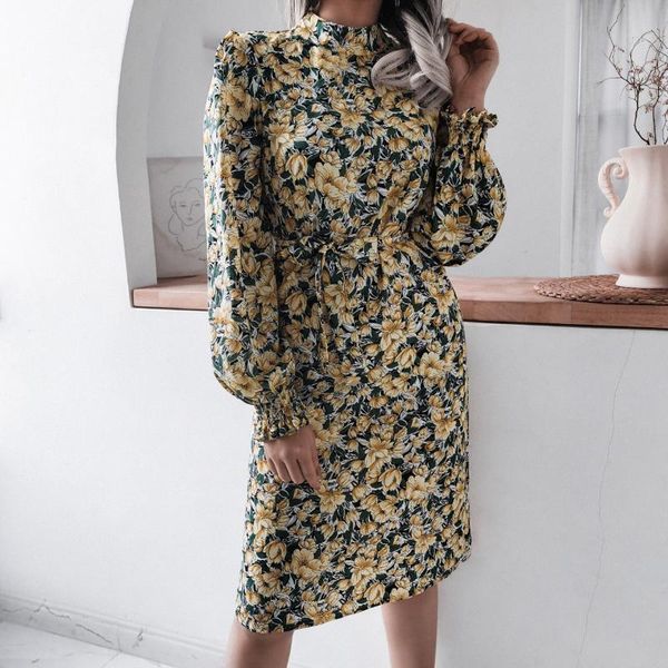 

casual dresses elegant flared sleeve girdle puff long loose boho office lady bandage dress women vintage floral printed, Black;gray