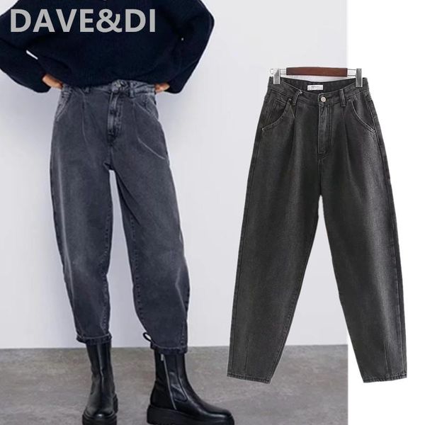 

women's jeans dave&di2021 spring high street vintage mom harem woman waist pleated loose boyfriend for women, Blue