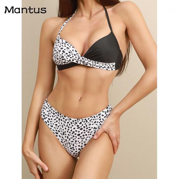 

leopard print splicing bikini set brazilian women two piece swimmming summer beach bathing suit swim wear female women's swimwear, White;black