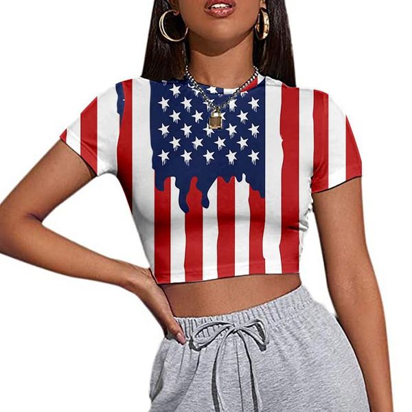

women's t-shirt summer casual slim-fit american independence day flag print short-sleeved cropped short top, White