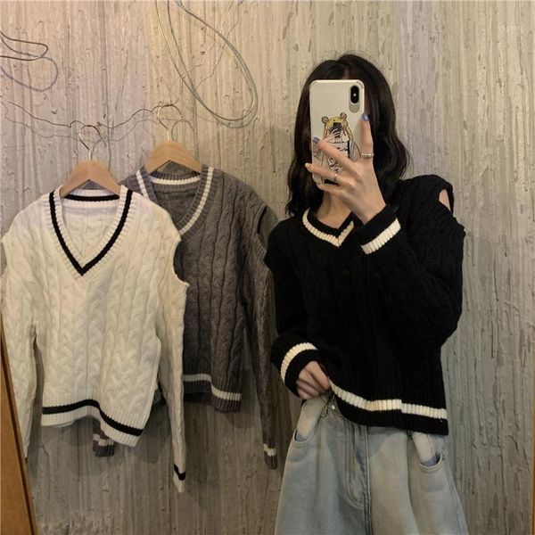 

make firm offers control pullovers female loose wear outside hollow out long-sleeved v-neck sweater short girl, White;black