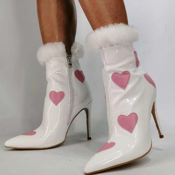 

boots girls fashion sweet heart shaped pointed toe ankle customized heel big size 43 cute shoes women winter fur snow boot, Black