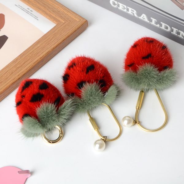 

super qute luxury real mink fur strawberry keychain sweet mink hair charm keyring women bag purse ornament girl accessories gifts, Silver