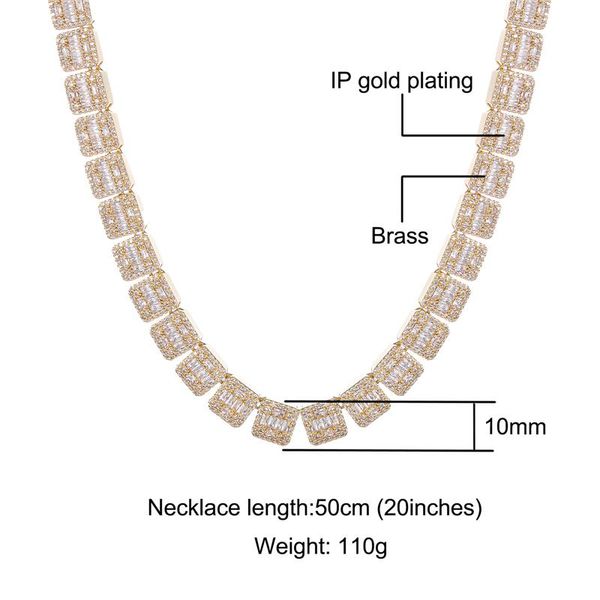 

chains hip hop 10mm bling iced out tennis chain square lattice + cz stone cubic zircon chokers necklace bracelet for men jewelry, Silver