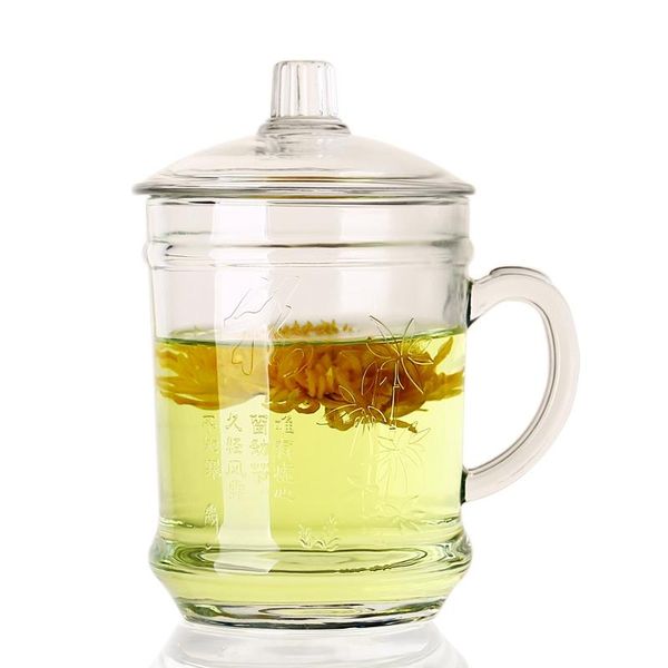

mugs household thickened heat-resistant plum, orchid, bamboo and chrysanthemum cut glass office tea cup large capacity with lid