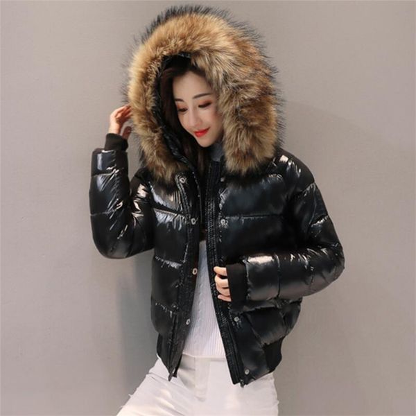 

big fur winter jacket women parkas hooded waterproof down parka female glossy short coat woman slim warm outwear 211018, Black