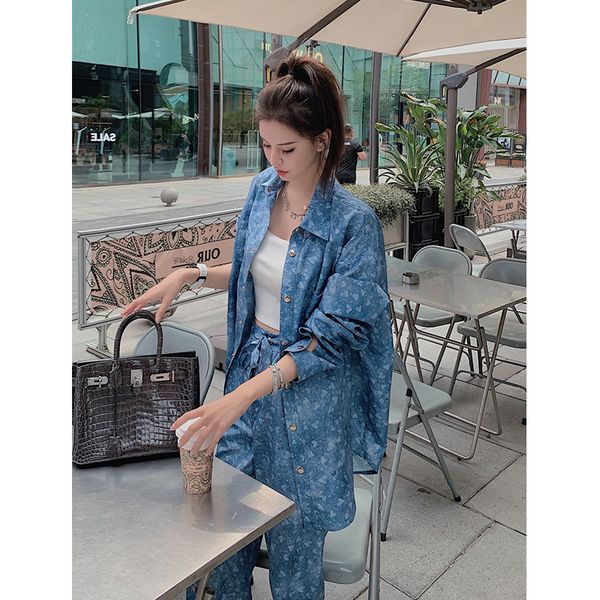 

wide leg loose casual pants printed shirt set summer 2021 women's net red age reducing foreign style two-piece, White