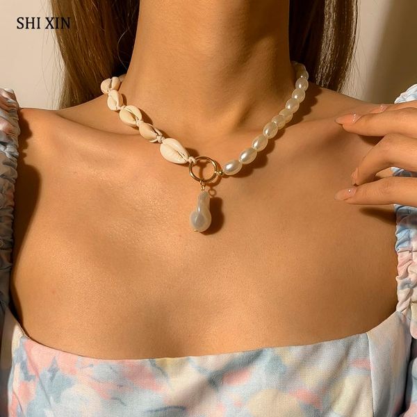 

pendant necklaces shixin asymmetry shell/pearl choker necklace for women fashion summer pearls pendants 2021 wedding jewelry accessories, Silver