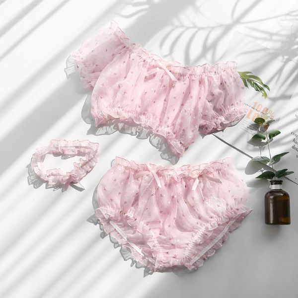 

bras sets pastal girl style lingerie underwear tranparent floral cute chiffon beautiful tube bra panty leg ring 3pcs set, Red;black