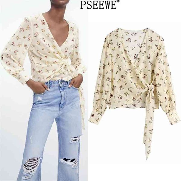 

blouse woman floral print chiffon women summer fashion v neck wrap long sleeve thin blouses ladies 210519, White