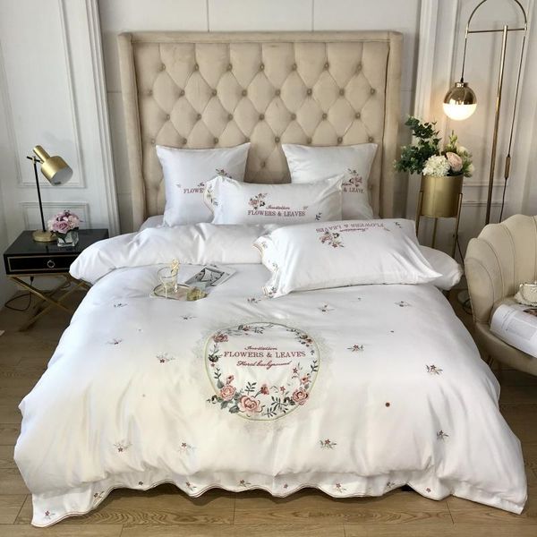 

bedding sets white 60s satin silk cotton set pastoral floral embroidery girl duvet cover flat/fitted sheet pillowcases home textile
