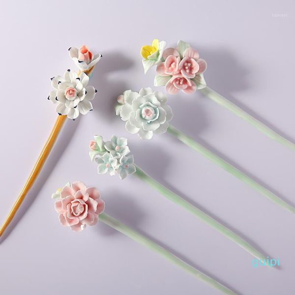 

classical handmade ceramic flower simple vintage women hair stick jewelry chinese style hairpin gift hair jewelry accessories1, Golden;silver