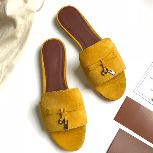 

summer fashion genuine leather women slippers runway lock decoration round toe flats shoes lady street beach slides, Black