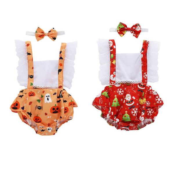 

jumpsuits focusnorm halloween xmas baby girls boys rompers cartoon print lace ruffles short sleeve headband, Blue