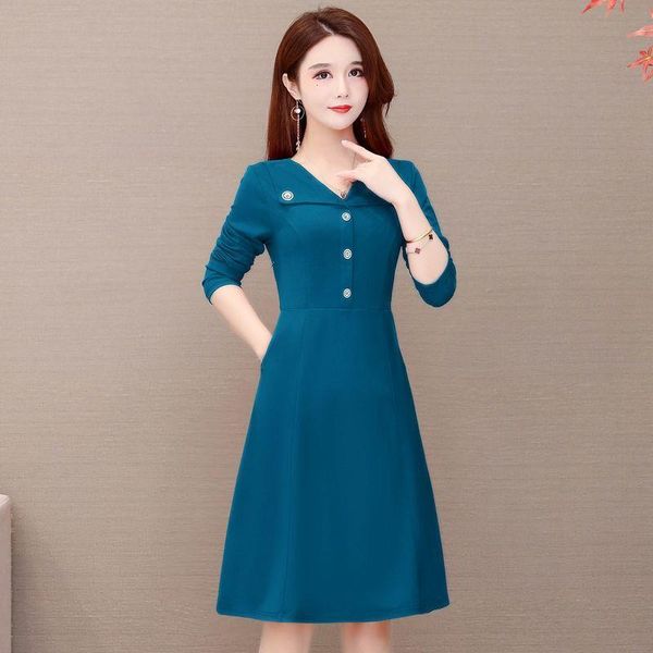 

women's spring autumn style dress v-neck solid color button long sleeve pocket korean elegant 3516 casual dresses, Black;gray