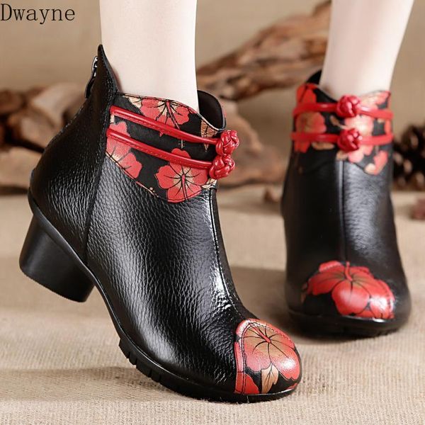 

boots 2021 women's ankle national wind leather plus velvet printed single, Black