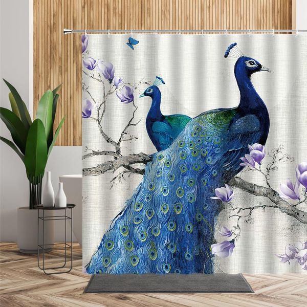 

peacocks flowers shower curtain blue beautiful bird 3d printing bathroom decoration screen polyester bath curtains set with hook