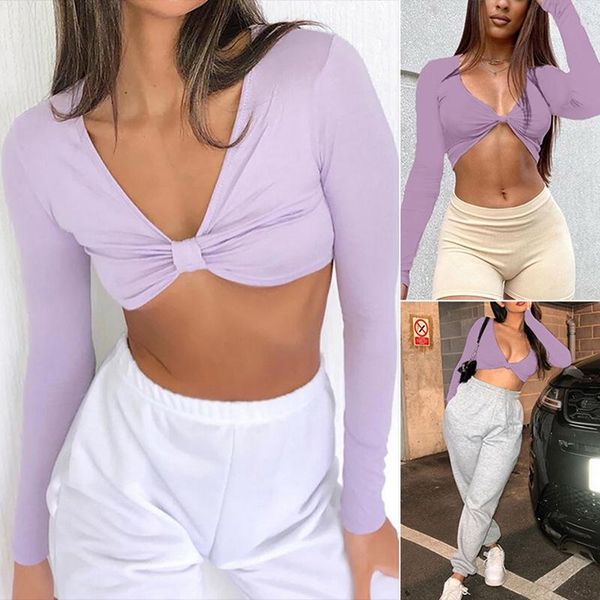 

women's fashion navel bare long sleeve v-neck solid color t-shirt purple, White