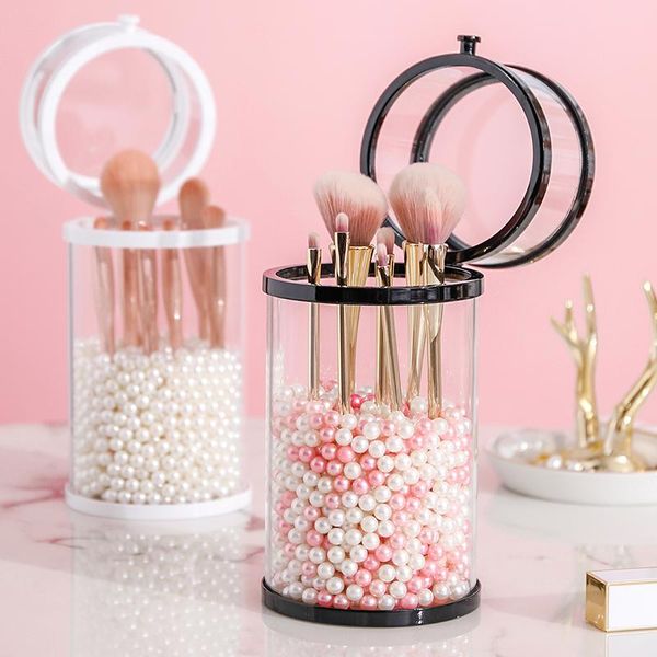 

makeup brush storage box cosmetics bucket with lid eyebrow holder dust-proof glass portable dressing table organizer boxes & bins