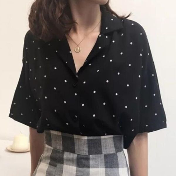 

female clothing plus size 2021 short sleeve shirt women polka dot printed shirts casual print turn down collar chiffon blouse women's b, White