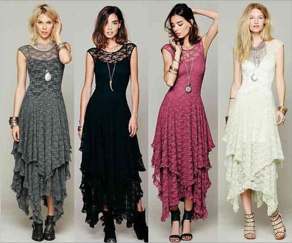 

womens boho people long dress double layered ruffled trimming low v-back lace sleeveless summer bohemian, Black;gray
