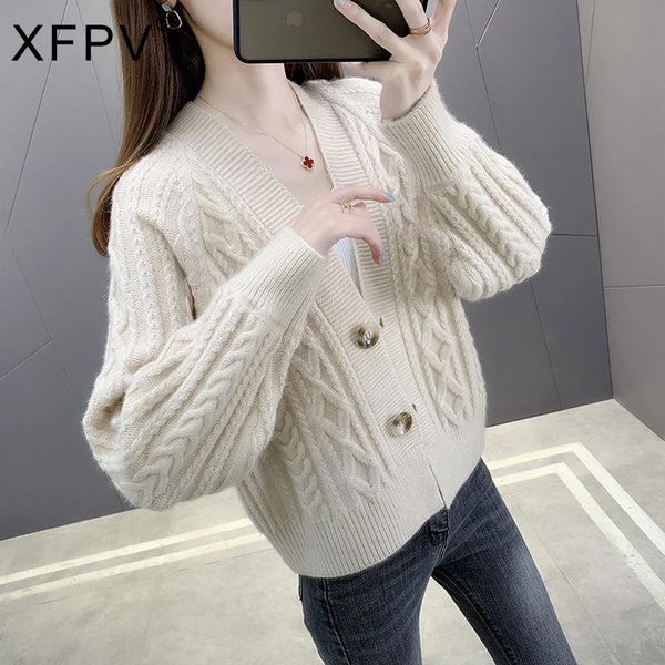 

women's knits & tees xfpv 2021 autumn winter arrivals y2k long sleeve single breasted solid color v-neck sweater cardigan coat women sm, White
