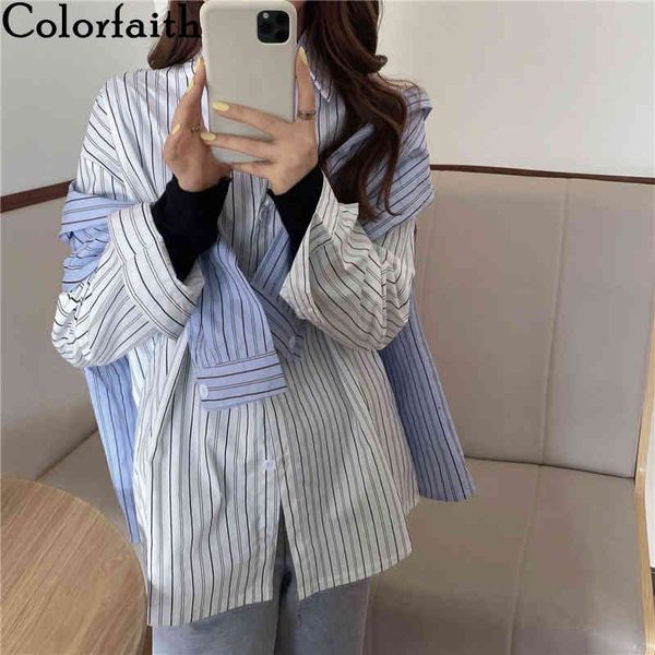 

colorfaith new women autumn winter blouses shirts striped vintage oversize office lady chic fashionable wild bl8490 210413, White
