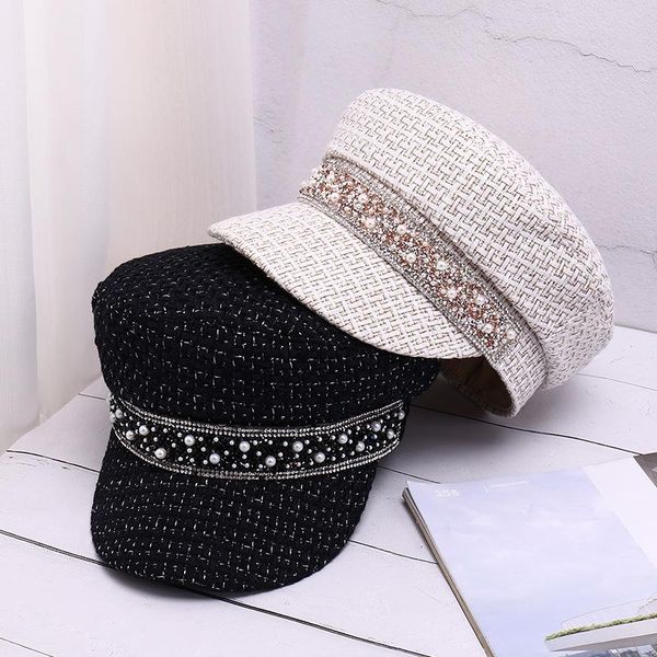 

stingy brim hats women's hats, flat-ed octagonal pearl rhinestones, berets, solid colors, wild caps, casual, Blue;gray