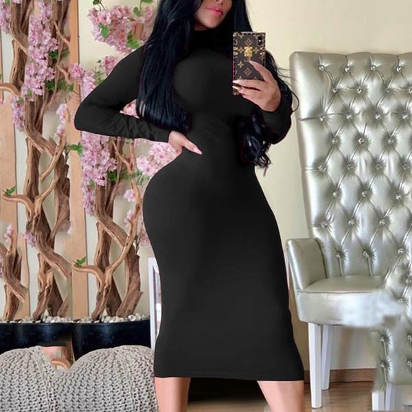 

casual dresses women fashion sheath slim turtleneck bodycon long dress ladies sleeve pure colors party club vestidos#g3, Black;gray