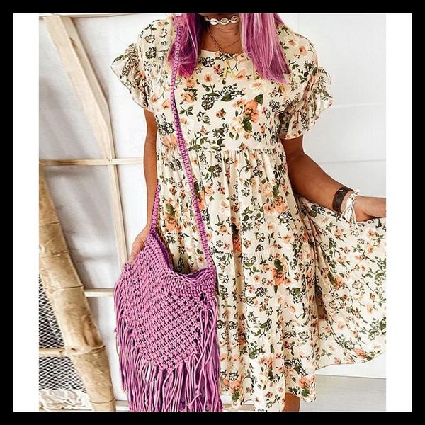 

casual dresses summer lotus leaf floral print neck loose women mini dress fashion bohemian beach chiffon short skirt plus size -40, Black;gray