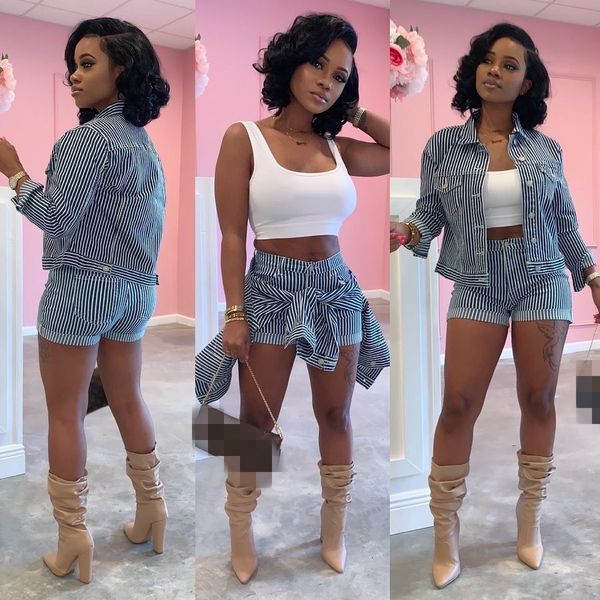 

styles stripes women jackets sets arrivals long sleeves turn down short coats + shorts casual two pieces outfits, Gray