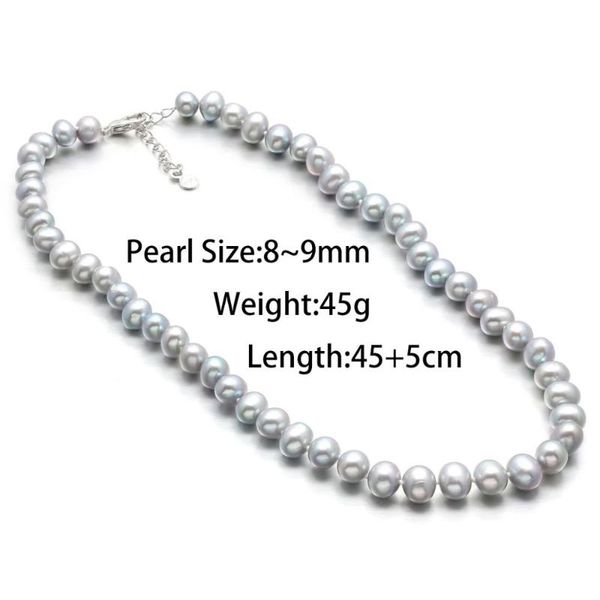 

pure natural freshwater pearl necklace for woman gray potato shaped elegant and simple style seed : 8-9mm chain 45+5cm chains, Silver