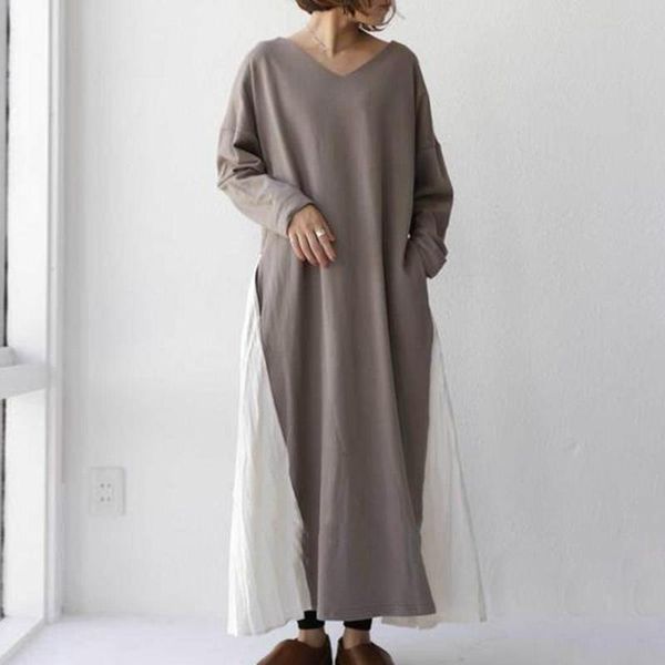 

casual dresses japanese women dress 2021 autumn winter solid color splicing long sleeve v-neck loose pullover womens, Black;gray