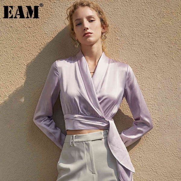 

[eam] women purple bandage short elegant blouse v-collar long sleeve loose fit shirt fashion spring autumn 1dd8040 210512, White