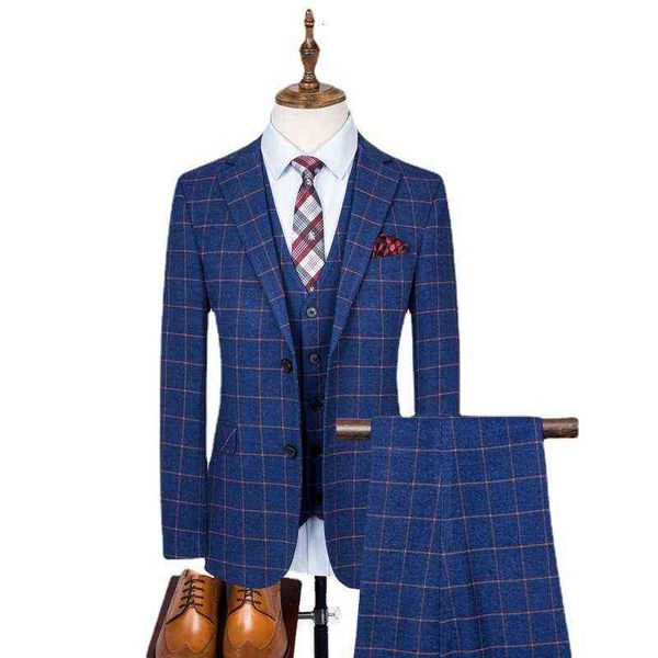 

luxury men's suits blazers korean slim fit men's lattice casual suit groom's wedding three piece set stage host, White;black
