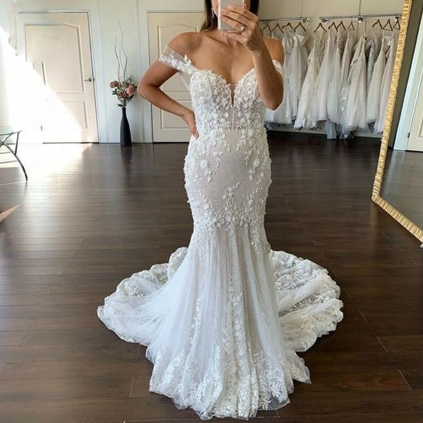 

off the shoulder mermaid wedding dresses lace appliques sweep train sweetheart tulle plus size bridal gowns, White