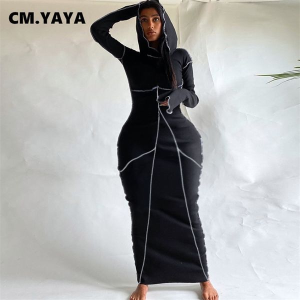 

cm.yaya women patchwork hooded long sleeve bodycon maxi dress club party long dresses spring winter 210329, Black;gray