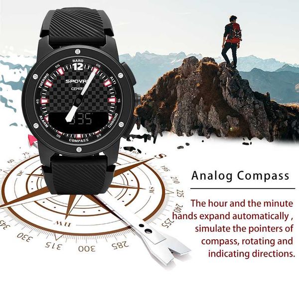 

waterproof pointer digital double display mountaineering watch, electronic compass, barometric height temperature measurement wristwatches, Slivery;brown