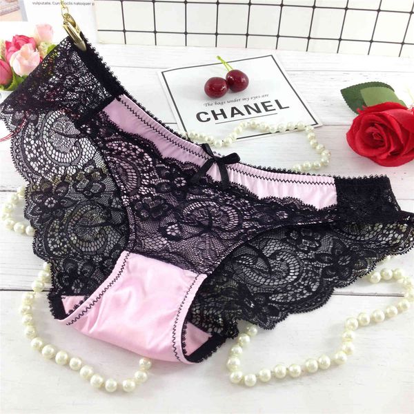 

weimi lace traceless low waist transparent triangle cotton crotch women's seductive underwear, Black;pink