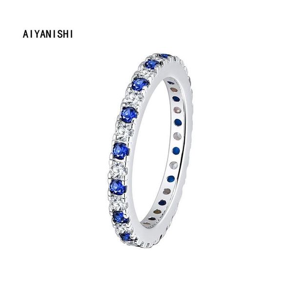 

cluster rings aiyanishi 925 sterling silver wedding blue/white full eternity band ring for women row drill girl party lover jewelry, Golden;silver
