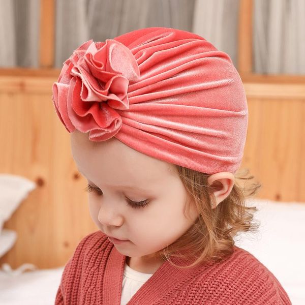 

hair accessories baby autumn winter hat children's cap gold velvet knitted fabric folds flowers decor turban headwrap, Slivery;white