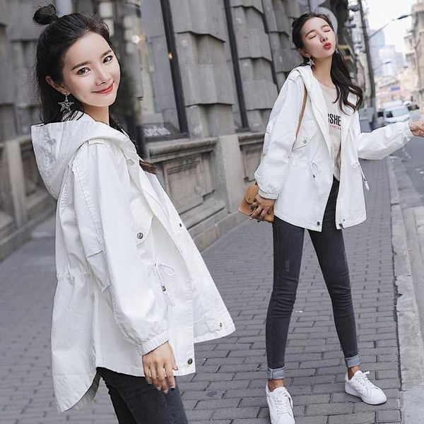 

women's trench coats outerwear 2021 spring and autumn korean style loose student jacket mid-length windbreaker, Tan;black