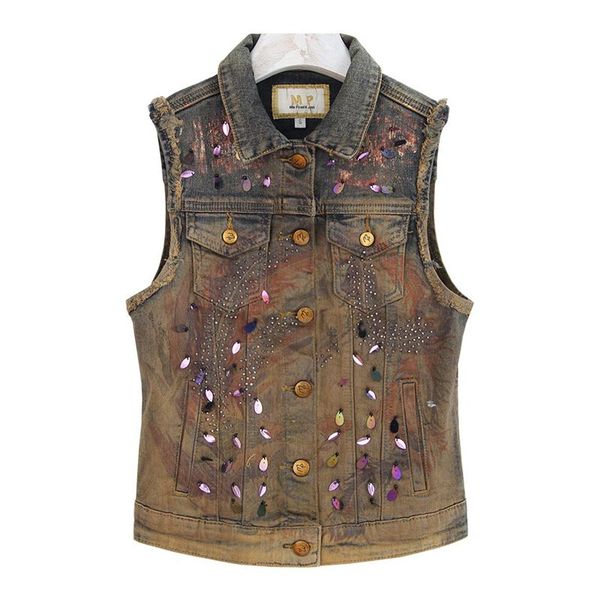 

women's vests spring fall fashion vintage women printed sequined flower rhinestone sleeveless denim vest , womens slim jeans coat, Black;white